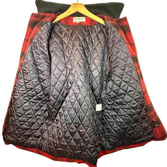 LL Bean Womens M Wool Coat Red Black Plaid Made In USA - Picture 2 of 8